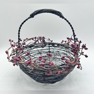 Woven Wire Basket Faux Red Berries American Home Brown 8.25" x 8.5"